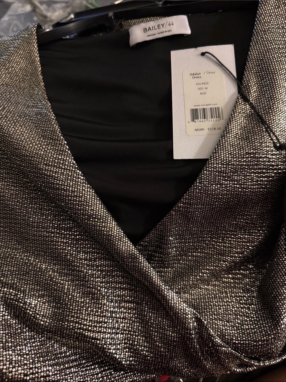 Bailey 44 Silver Metallic Draped V-Neck Long Sleeve Dress